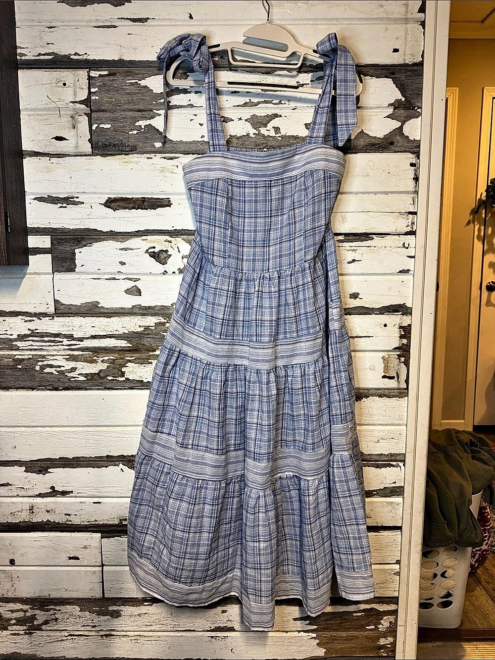 Umgee Plaid Tiered Maxi Dress in Blue & White Size Small New (022